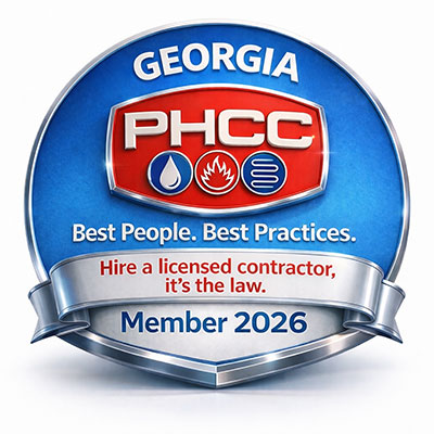 A blue and silver badge displaying GEORGIA PHCC with plumbing and heating icons, the phrases Best People. Best Practices. and Hire a licensed contractor, its the law. Includes Member 2026 on a ribbon.